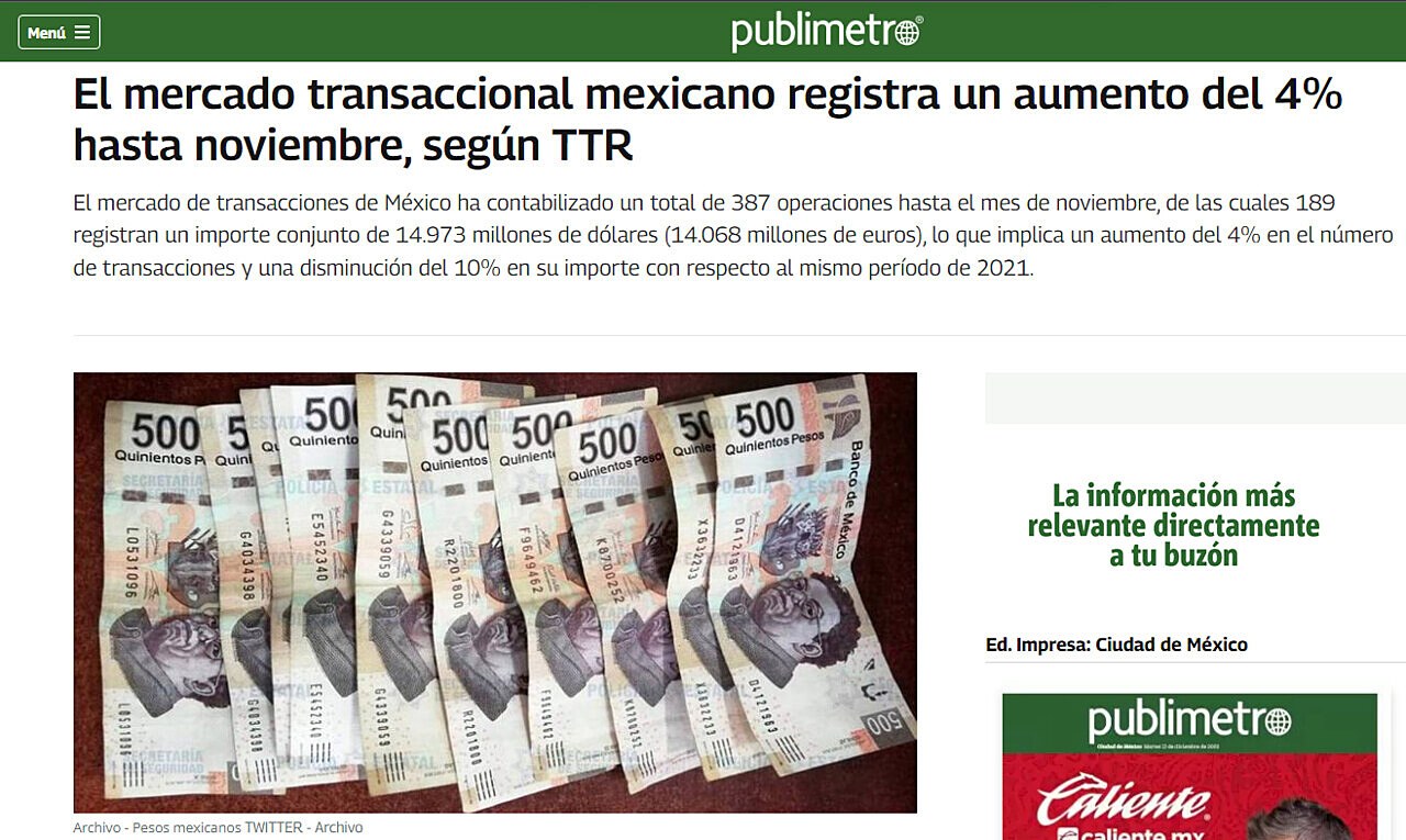 El mercado transaccional mexicano registra un aumento del 4% hasta noviembre, segn TTR